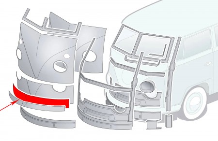 Tôle de Réparation Bas de Façade Avant avec Nez (20 cm de haut), Marque Autocraft, pour Combi Split Volkswagen 1955-1967 ref 211805031-200
