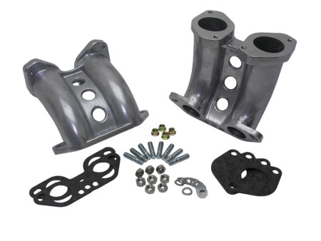 Paire de pipes d'admission de qualité CSP pour carburateurs Weber IDF ou Dellorto DRLA sur moteur Type 4 (1700cc à 2000cc). Sans prise de vide pour le servo-frein. Référence : 129711444G 129 711 444G