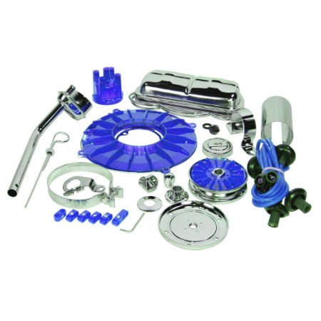 Kit moteur Deluxe Blue VW coccinelle, Kit moteur VW Blue, Accessoires chromés pour moteur VW, Kit moteur Blue Deluxe Empi, Kit moteur 00-8654-0, Kit moteur 0086540, Accessoires moteur VW à refroidissement à air, Kit moteur personnalisé VW, Personnalisatio