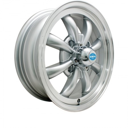 Jante EMPI, 8 Branches, Aluminium Gris, Bordure Polie, 15 pouces, Volkswagen Coccinelle, Karmann Ghia, Cache-moyeu, Valve chromée, 00-9685-0, 00.9685.0