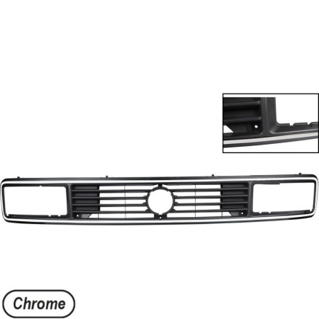 Calandre chromée VW T25 79-92, Grille pour phares rectangulaires, Référence produit 255853652J, 255.853.652J, VW Transporter T25 / T3, Sigle VW 125mm, Entourage chromé