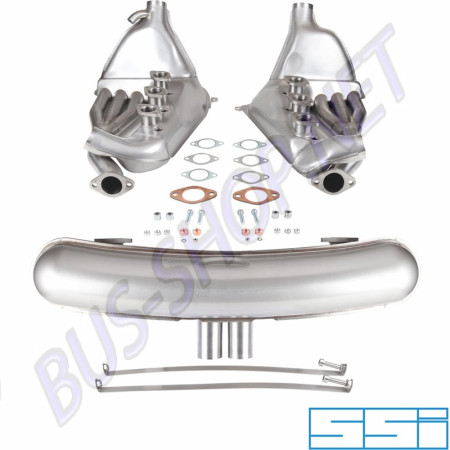 Ensemble d'échappement sport comprenant des sorties centrales doubles Ø63 mm "GT3" et un échangeur de chaleur "Big Bore" avec des tubes de Ø41 mm. Convient aux modèles Porsche 911/930 2.2, 2.3, 2.7, 2.0 (01/63-11/90), 3.0 (01/63-08/89) et Porsche 914 2.0 