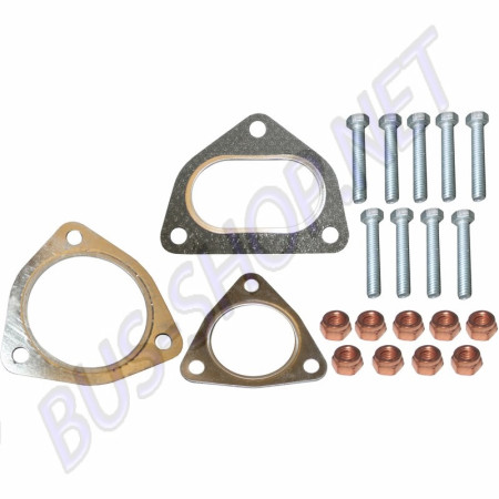Kit de montage comprenant 3 joints, écrous et boulons en cuivre pour pré-silencieux/échappement intermédiaire compatible avec les modèles PORSCHE 911/930 2.7, 3.2, 3.0. Référence : 1621700310, 92.100KIT.