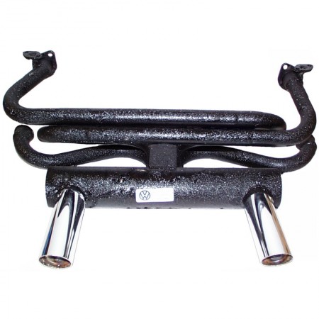 Silencieux d'échappement MOTORSPORT, moteurs 1300/1500/1600cc, tubulure simple réchauffeur, style sportif, positions arrière et centrale, double sortie, embouts chromés, variant d'équipement original, marque ORIGINAL, Référence : VW-35067