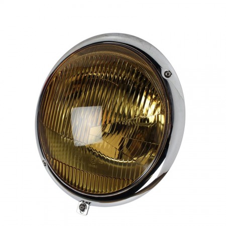 Phare complet chromé, verre jaune, VW Type 1, Porsche 356, homologué E, vintage, luminosité, esthétique, sécurité. Références : 111941021A-Y, 311941021A-Y.